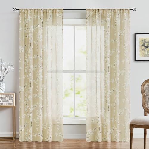 Image of FMFUNCTEX Linen Sheer Blossom Floral Print Curtains Cream 63 Inch 2 Panels