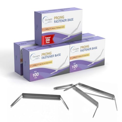 OLYMPX 500 Pcs of 1” Capacity Premium Metal Prong Paper Fastener Bases, 2.75 Inch Base for Paper File Clip Folder Accessories, Pack of 5 Boxes, 100 Bases per Box