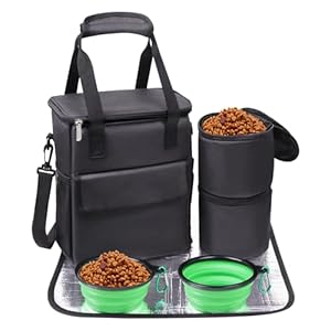 Dog Travel Bag, Weekend Dog Travel Accessories for Camping, Pet Travel Bags with 2 Collapsible Dog Bowls, 2 Travel Dog Food Container, 1 Waterproof Pet Feeding Mat – S, Black
