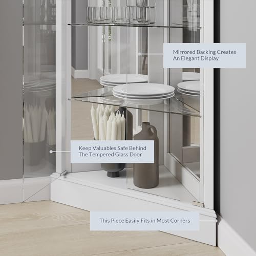 Image of BELLEZE Lighted Accent Corner Display Curio Cabinet with Tempered Glass Doors and Shelves, Classic Wood Cabinet w /Bulb, Corner Curio Storage Rack for Living Room, Bed-Room and Kitchen (White)
