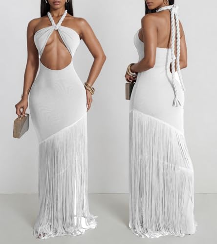 Image of Kwunbwa Women's Sexy Halter Backless Maxi Dress Cut Out Sleeveless Bodycon Long Fringes Club Party Cocktail Dresses