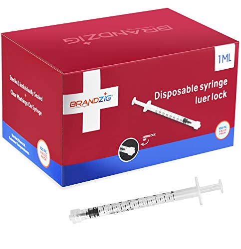 Brandzig 1ml Luer Lock Syringes, 100 Pieces – FDA Approved & Sterile Disposable Medical Grade Syringe - Precise Medication Measurement/Dispensing