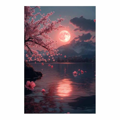 Poster Cerisier Rose Montagne Lac d'Art Mural Moderne Toile Sans Cadre 70x100cm