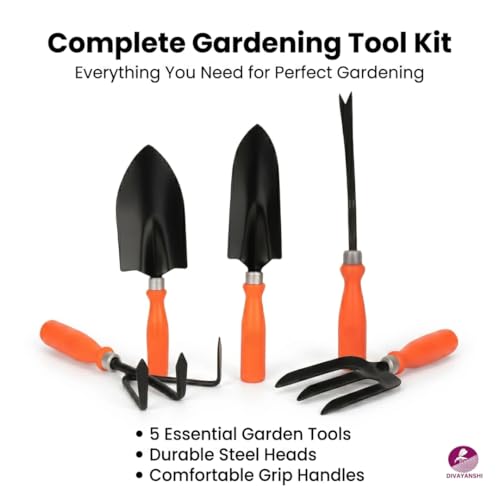 Image of Divayanshi Gardening Tools Set of 5 | Hand Trowel, Transplanter, Cultivator & Weeder | Durable Garden Tool Kit with Comfortable Grip for Planting & Weeding
