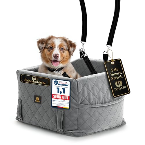 TinyDogs Hunde Autositz für kleine bis mittlere Hunde, Premium Hundesitz Auto waschbar mit Sicherheitsleine, Memory-Schaum Polsterung, Hundebett Auto für Vorder- und Rücksitz, Grau mit Seitentaschen