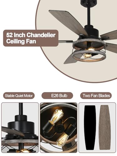Image of 52 Inch Farmhouse Rustic Chandelier Ceiling Fan with Light