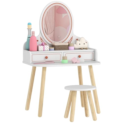 AIYAPLAY Tocador de Maquillaje Niña, Tocador Infantil con Taburete y Espejo, 2 Cajones y Barras Colgantes, para Niños de 3 a 8 Años, Blanco