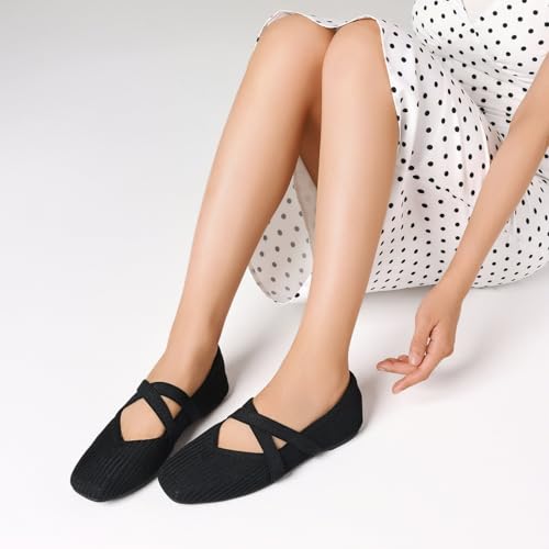 CELNEPHO Flats for Women Square Toe Ballet Flats Cross Strap Comfortable Arch Support Dressy Knit Flats for Women Mary Jane Flats Slip On Washable Casual Office Shoes3