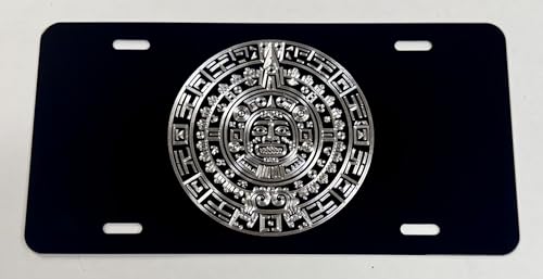Mayan Aztec Calendar Car Tag Diamond Etched on Black Aluminum License Plate