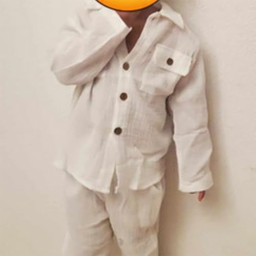 Gueuusu Toddler Boys Girls Linen Outfit Long Sleeve Button Up Shirt and Long Pants Set Holiday Baptism Photoshoot Outfit3