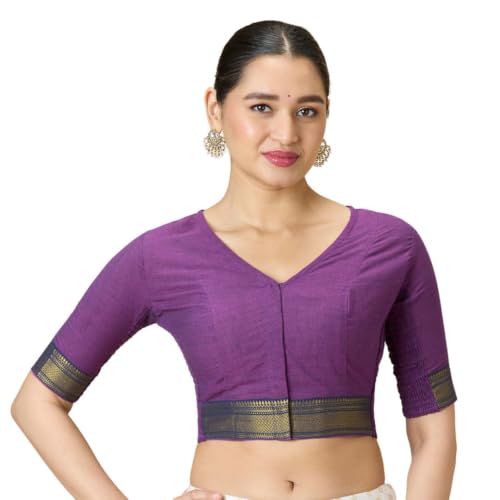 Image of Studio Shringaar Women's Handloom Cotton Stretchable (Smocked) Saree Blouse with Temple Zari Border