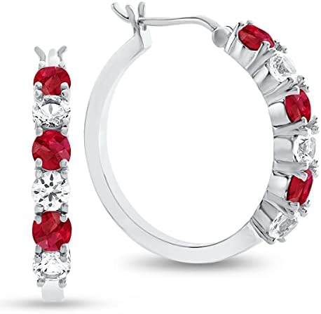 Tirafina Lab-Created Ruby and Lab-Created White Sapphire Hoop Earrings, Alternating Stones, Birthstone Jewelry, Sterling Silver (3mm Stone)