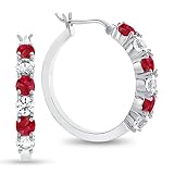 Tirafina Lab-Created Ruby and Lab-Created White Sapphire Hoop Earrings, Alternating Stones, Birthsto