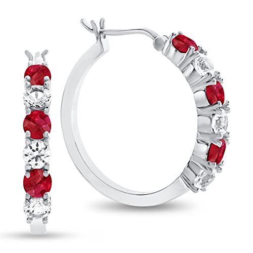Tirafina Lab-Created Ruby And Lab-Created White Sapphire Hoop Earrings, Alternating Stones, Birthstone Jewelry, Sterling Silver (3Mm Stone) #TOP22