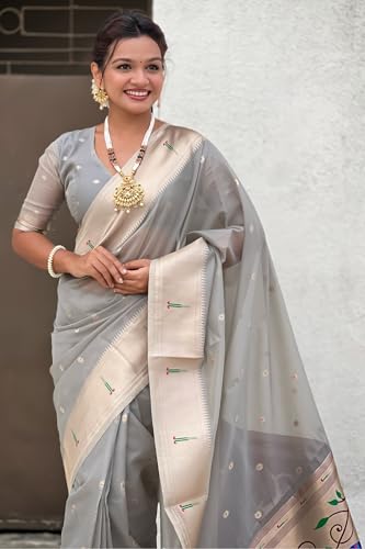 Image of SGF11 Women's Organza Kanjivaram Pure Soft Silk Handloom Saree Pure Golden Zari With Blouse Piece