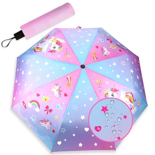 DPKOW Paraguas de Unicornio, Paraguas Plegable Infantil Que Cambia de Color bajo la Lluvia, para Mochilas Escolares, Regalos Escolares para niñas, 98 cm