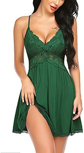 Avidlove Women Lace Lingerie Sleepwear Chemises V-Neck Full Slip Babydoll Nightgown Dress (Dark Green, M)