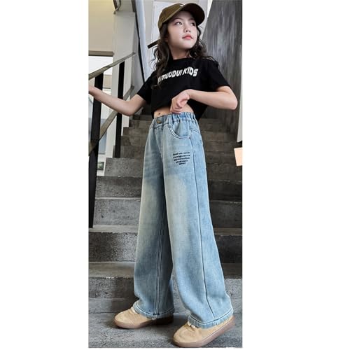 Baggy Straight Jeans for Youth Girls Wide Leg Letter Print Elastic Waist Denim Pants Kids Girls Loose Stretchy Trousers3