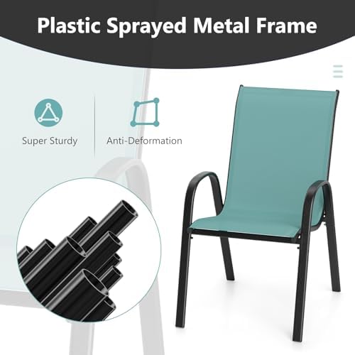 COSTWAY Patio Dining Chairs Set of 4, Stackable Outdoor Chairs with Armrest and High Back, Breathable Fabric & Metal Frame Chair for Garden Poolside Backyard Deck (Turquoise) — view 4