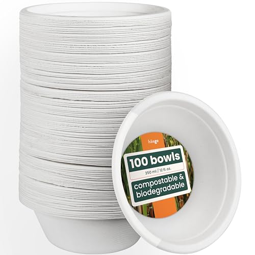 HAAGO 100 Biodegradable Sugarcane Bagasse Bowls, 350ml - Strong Paper Bowls - Leak-Resistant, Eco-Friendly, Compostable & Disposable Party Bowl for Soup & Dessert, Hot & Cold Food