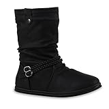 Bequeme Damen Stiefel Schlupfstiefel Lochungen Flache Boots Leder-Optik Metallic Schuhe 128457 Schwarz Schwarz Autol 36 Flandell