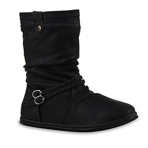 stiefelparadies Flache Damen Stiefel Schlupfstiefel Winter 47542 Schwarz Ethno 37 Flandell