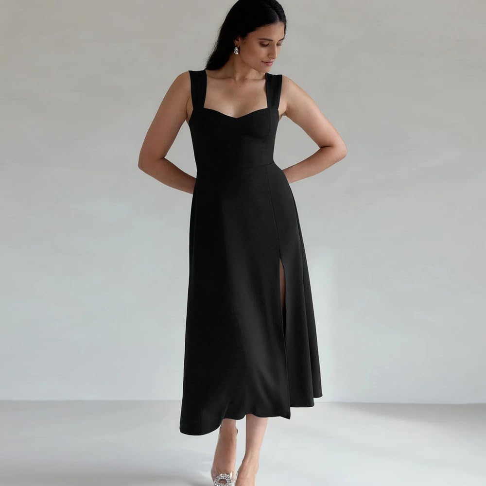 Vestito Senza Maniche Donna Elegante Abito Cerimonia con Spacco Laterale Vestiti Eleganti da Cocktail Abito Midi Formale Vestito da Sera Scollo Cuore Abiti da Festa