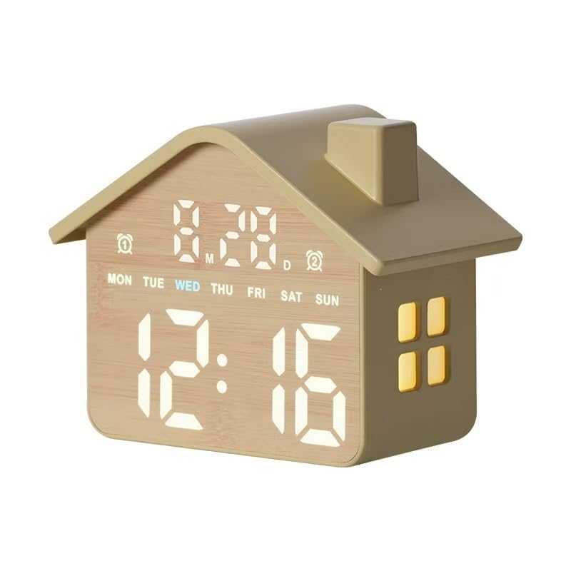 Sukee House-Shaped Digital LED Alarm Clock with Night Light, Day and Date Display, Bedside Decor Clock for Kids-image-11