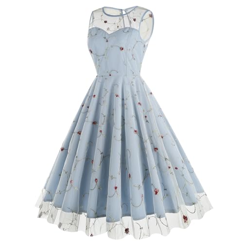 Image of Tulle Embroidery Floral Dress for Women Sleeveless Mesh Flower Embroidered Tulle Prom Dress Summer Wedding Tea Party Dress