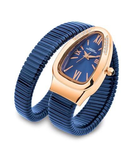 Image of French Connection Eternelle Curve | Blue Dial with Rose Gold Case | Flexible Wrap Bracelet Strap | Crystal Accent Design | Roman Numerals Analog Watch for Women - FCN0142UM
