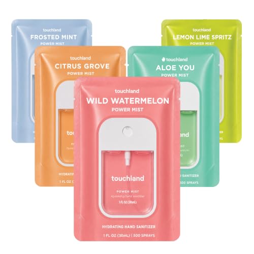 Image of Touchland Fresh 5 Hydrating Hand Sanitizer Spray Set Travel Size | TSA ready Power Mist with skincare benefits. Frosted Mist, Citrus Grove, Lemon Lime, Aloe You and Wild Watermelon.