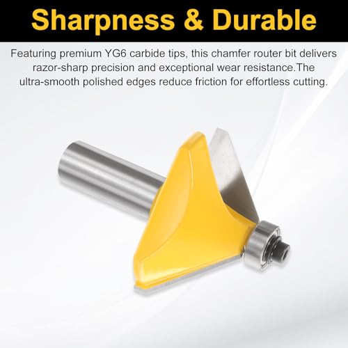 Image of HARFINGTON 45 Degree Chamfer Router Bit 1 /2 Inch Shank 0.9 inch Cutting Length Carbide Tip with Bearing for Woodworking Milling Cutter Tool, Yellow
