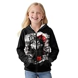 PJHEQOXE Wolf Pattern Girls Hooded Cardigan Kids Fashion Outerwear Boys Fleece Jacket Sweatshirts Coat 6-16 Years
