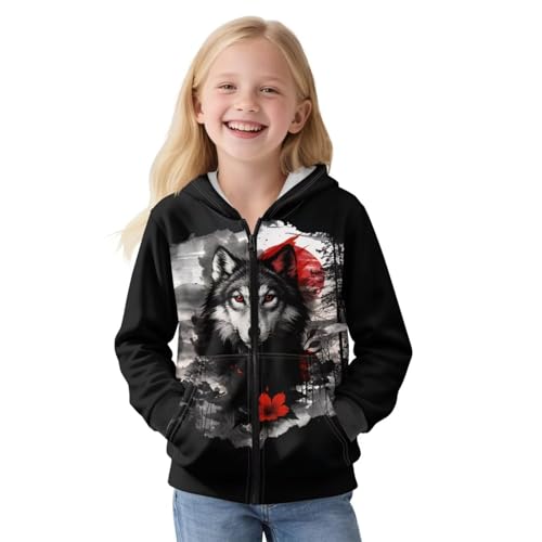 PJHEQOXE Wolf Pattern Girls Hooded Cardigan Kids Fashion Outerwear Boys Fleece Jacket Sweatshirts Coat 6-16 Years