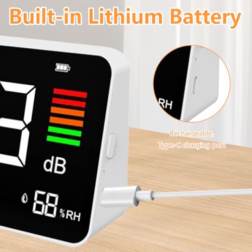 Dezibelmessgerät, 4-in-1 Dezibel Messgerät DB Messgerät Schallpegelmessgerät mit Temperatur & Feuchtigkeits, GeräUschdetektor mit LED Bildschirm, für Zuhause, Babyzimmer, Bibliothek