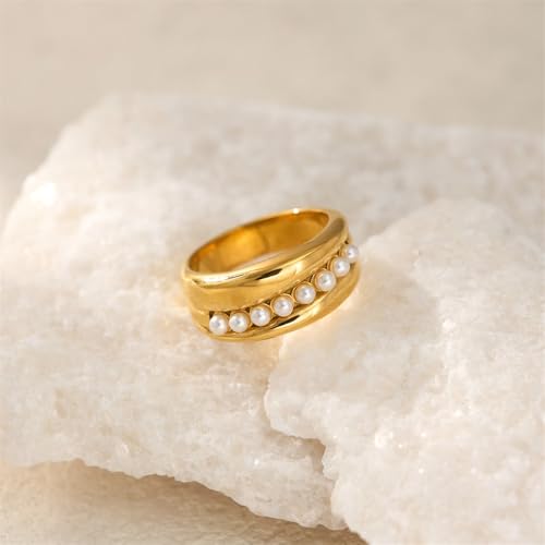 Pearl Beaded Statement Ring for Women Stainless Steel Thick Finger Bands Stacking Pearls Band Minimalist Wrap Engagement Rings Dainty Jewelry4
