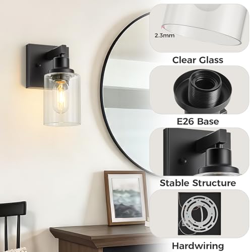 Image of Set of 2 Wall Sconces for Bathroom, Black Bathroom Vanity Light,Modern Wall Sconces Indoor with Clear Glass,Farmhouse Wall Lamp for Bedroom Living Room Mirror Hallway