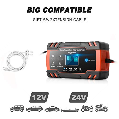 Enhanced Edition Car Battery Charger 12V/8A 24V/4A Compatible Automotive Smart Portable Battery Charger Maintainer/Pulse Repair Charger Pack for Car, Motorcycle, Lawn Mower and More