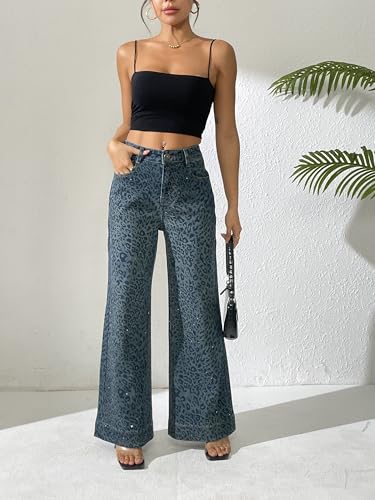 zsangbee Women's Leopard Print Rhinestone Jeans Flare Wide Leg Pants High Waist Stretch Denim Trouser Trendy Jean2