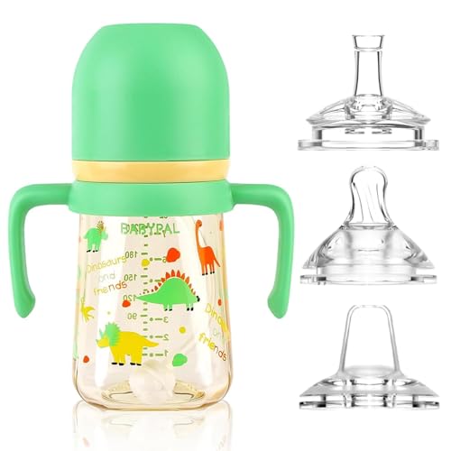 Sippy Cup for Baby, 3 in 1 Toddler Bottle with Straw 240ml,Kid Drinks Water Bottles Trainer Cup with Handles for Babies 6 12 Months(One Cup with 3 Spout) (Green)