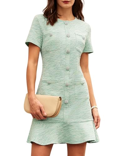 GRACE KARIN Green Formal Dress for Women Tweed Button Ruffle Short Sleeve Mini Dresses Bodycon Casual Dressy Dress Light Green 12