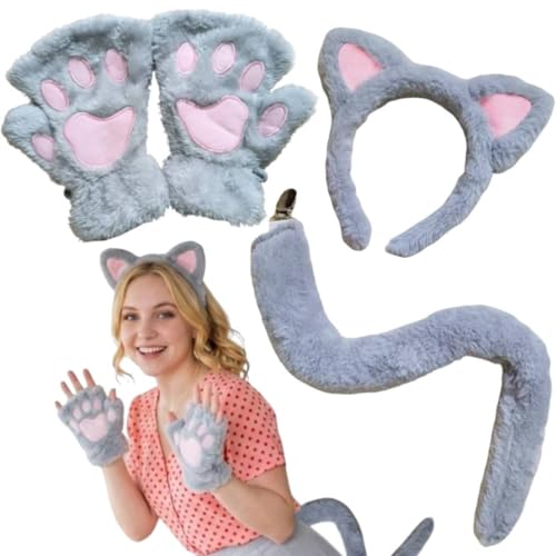 Kirei Sui Women 4-Piece Gray Cat Ears and Tail Soft Paws Costume for Halloween Party Accessories
