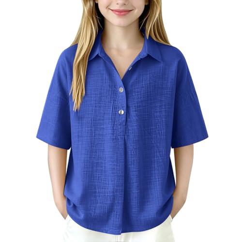 Camisetas polo de algodón y lino para niñas, con botones, cuello en V, media manga, cuello de solapa, ajuste holgado, casual, transpirable, ligera, Azul-B, 9-10 años