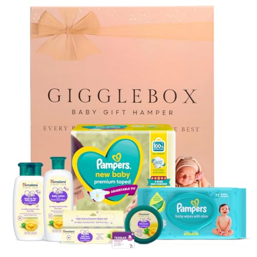 Image of GIGGLEBOX Premium Baby Gift Hamper | Pampers Newborn Diapers & Wipes, Himalaya Baby Care With Pure Cow Ghee & Tedibar Soap | Essential Baby Care Set For Gifting & Daily Use,7 Count
