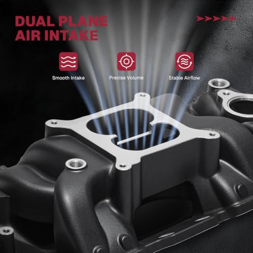 Image of 2026 7501 Intake Manifold Aluminum Performance Dual Plane Air-Gap Compatible with Chevy Small Block SBC 1955-86 262 265 267 283 302 305 307 327 350 400 V8 Engine, Black