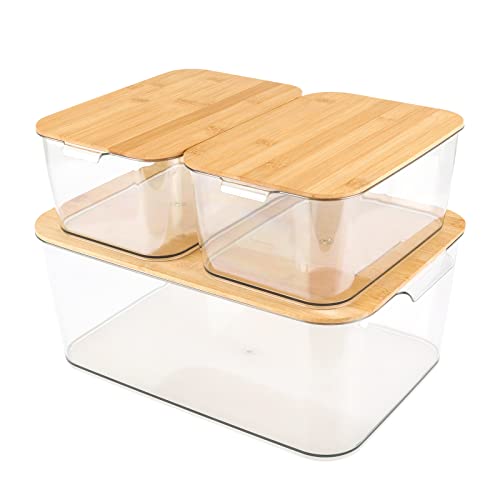 Anminy Clear Plastic Storage Bins With Removable Bamboo Lids Handles Stackable Lidded Kitchen Food Container Box Basket Set Decorative Clothes Laundry Home Closet Cabinet Shelf Cube - 1 Large 2 Small #TOP1