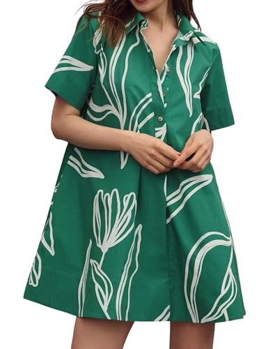 Image of Women's Short Sleeve Swing Tunic Mini Dress Button Up Blouse Shirt Summer Loose Casual Flowy A Line Short Dresses Green Flower