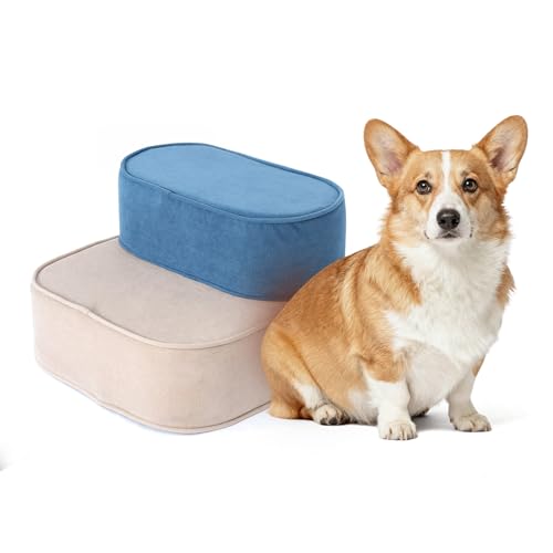 Dog Stairs for Small Dogs and Older Cats, Dog Steps for Bed and Couch, Pet Steps Non-Slip, 3-Step Pet Ramp, Ladder with High Density Foam with Washable Cover (Blue + Brown, 16.5x16.5x10.6inch, 2.0)