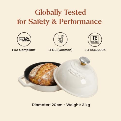 Image of CUMIN CO. Cast Iron Bread Oven | 20 cm | Non Toxic Bakeware | Patented Enamel Coating | FDA Compliant | Free Accessories | Induction & Oven Safe | White
