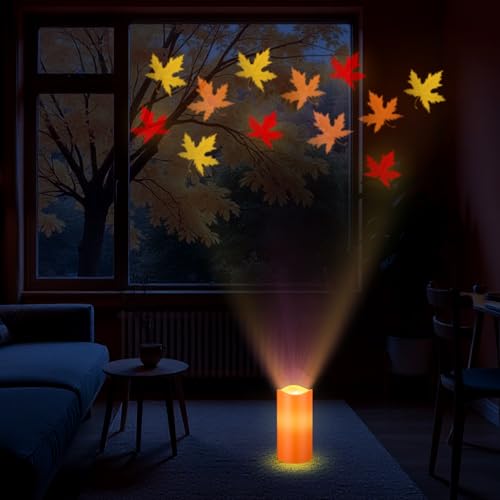 Image of Baquler Fall Maple Leaf Flameless Candles Projector Lights Thanksgiving LED Candle Fall Night Light with Remote and Timer Battery Operated Electric Gifts for Wedding Autumn Harvest Halloween Decor
